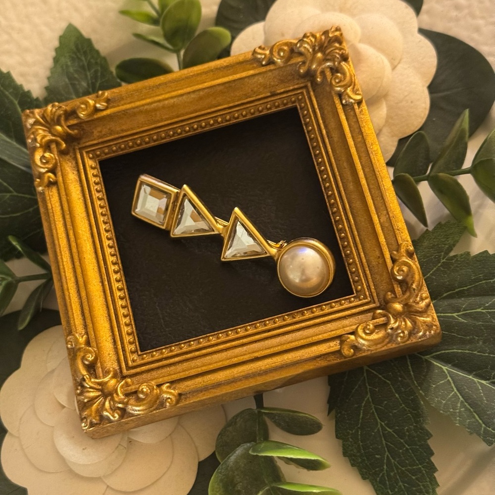 VTG Gold Pearl Crystal Geometric Brooch - Picture 3 of 11
